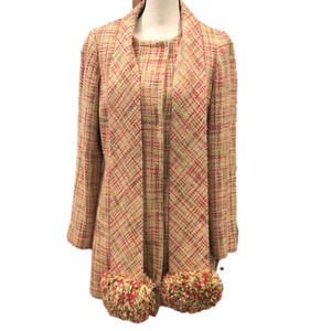Vintage Y2K ANTHROPOLOGIE Elevenses Tweed Pom Pom Coral Scarf Coat, Size 10